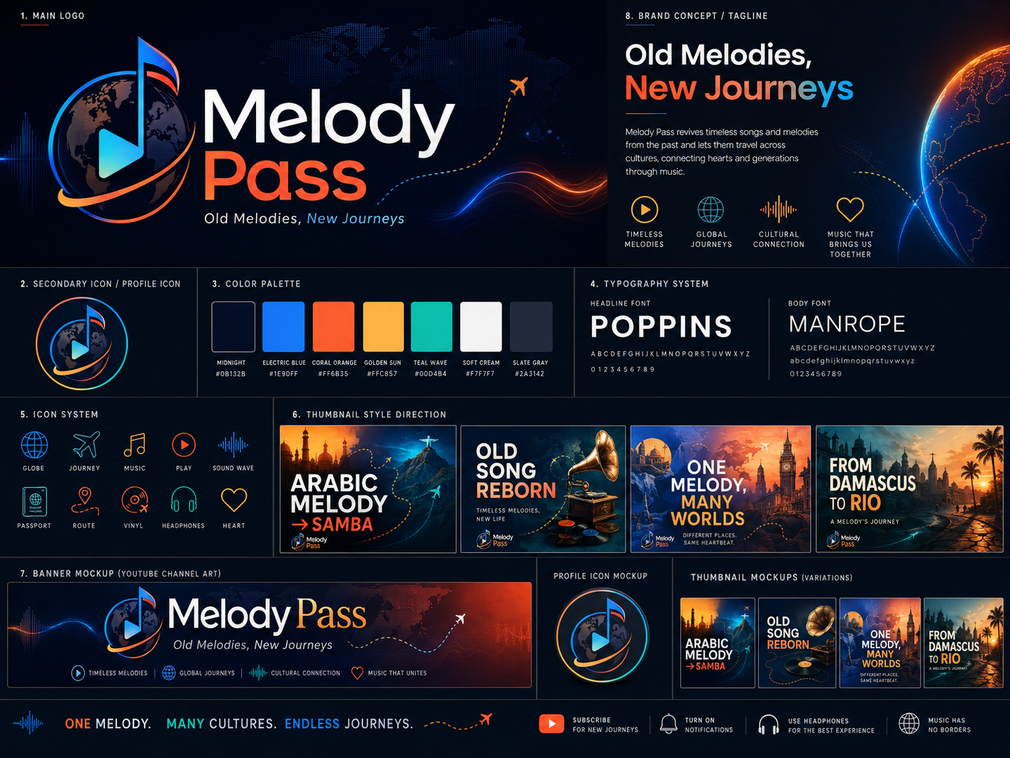 Melody Pass visual identity board: Old Melodies, New Journeys